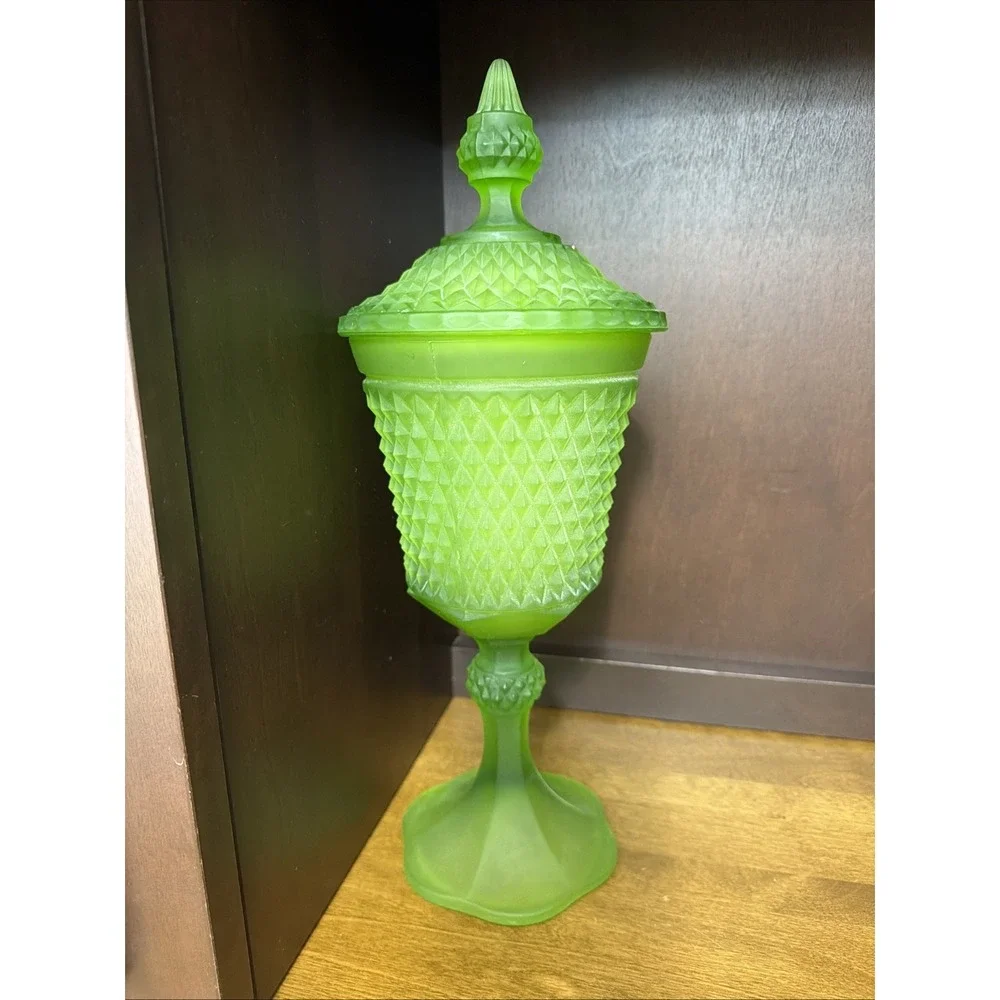Indiana Glass Candy Dish Covered 16 Inch Diamond Point Celery Lime Green VTG